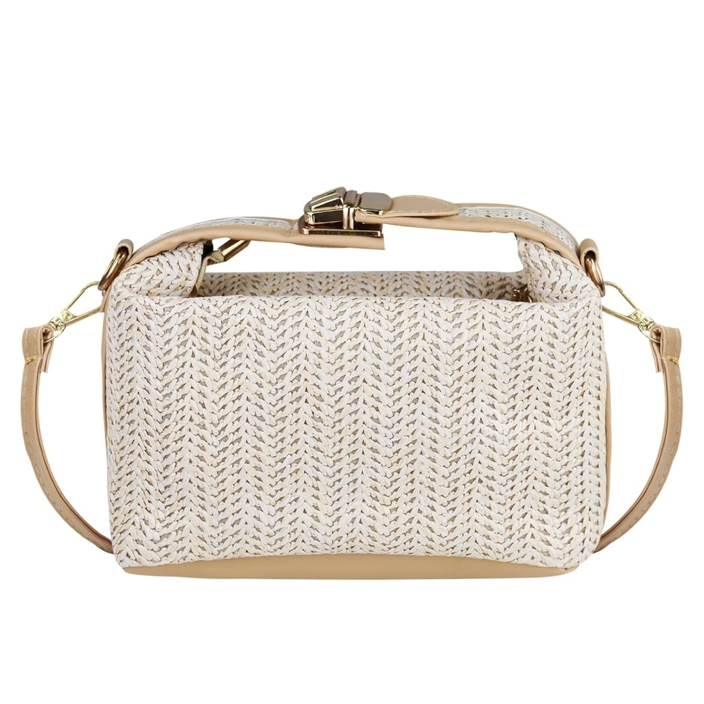 Woven Cream Box Shoulder Bag with Gold Hardware
